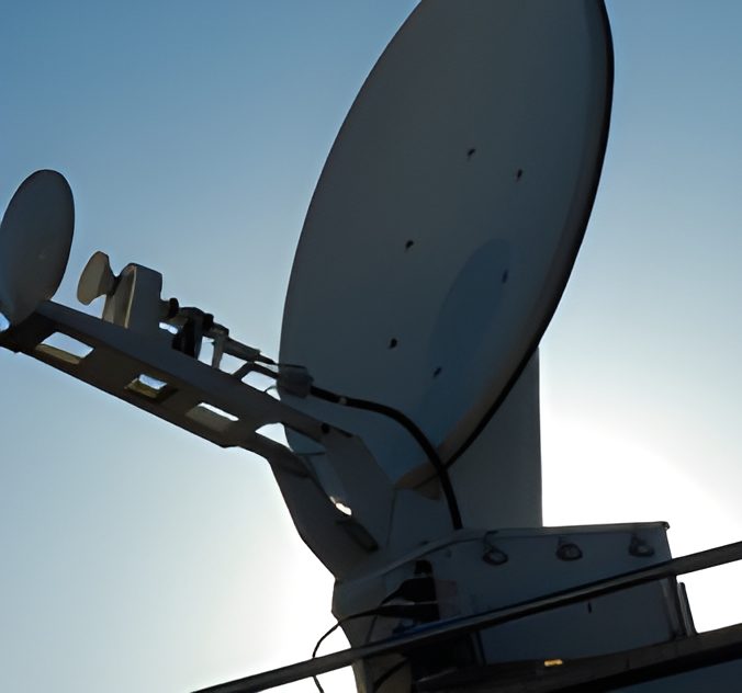 Satellite uplink dish against the sky